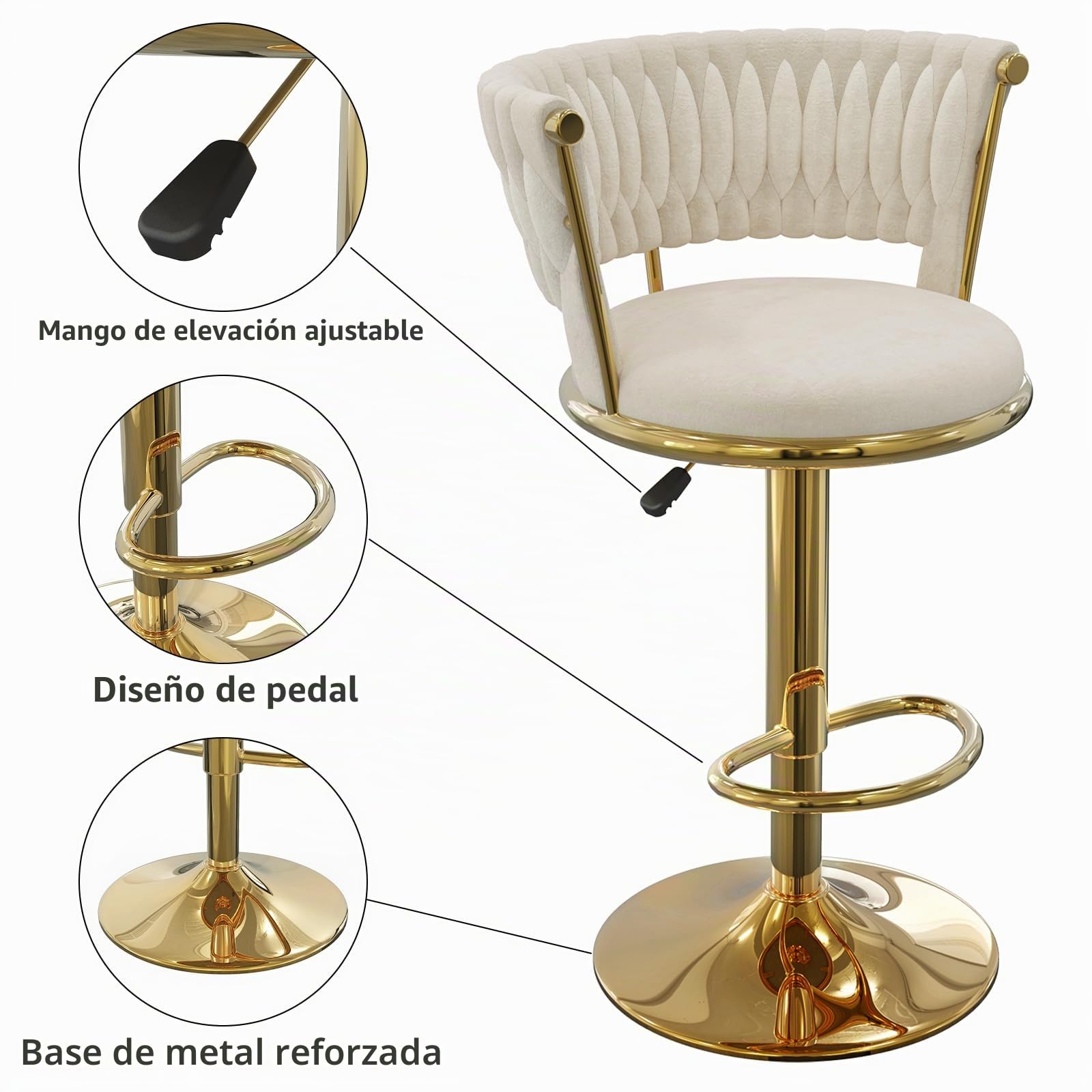 Juego de 1 Taburete de Bar, Taburetes Altos de Cocina con Respaldo, Taburetes Altos Ajustable 59-102 cm, Silla de Cocina Tasburete Alto de Tela, Silla de Bar para Cocina Bar Comedor (Oro)
