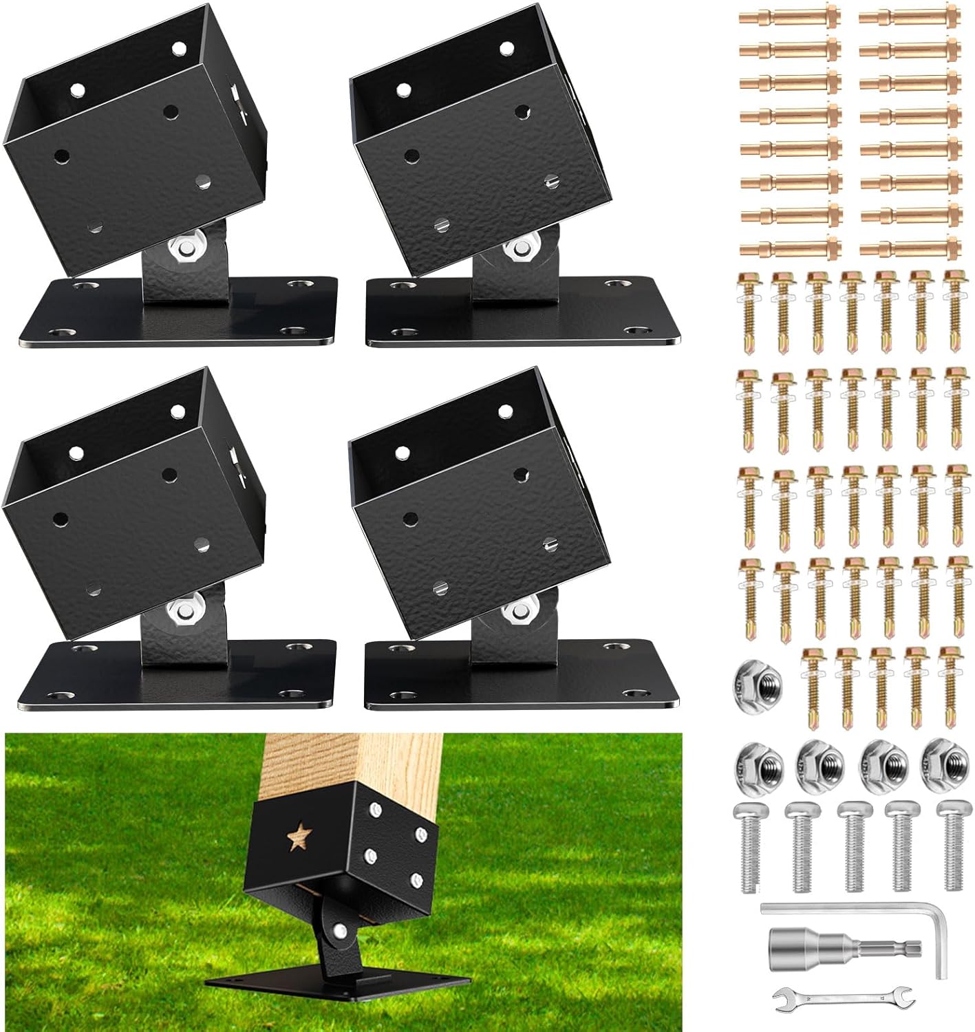 4 Pack Adjustable Swing Brackets, Heavy Duty Stainless Steel Swing Set Kit for 4"x4"(Actual 3.5"x3.5") Wood Post,Protects Wood Legs,Enhances Stability, Suitable for Outdoor Patio, Garden, Black