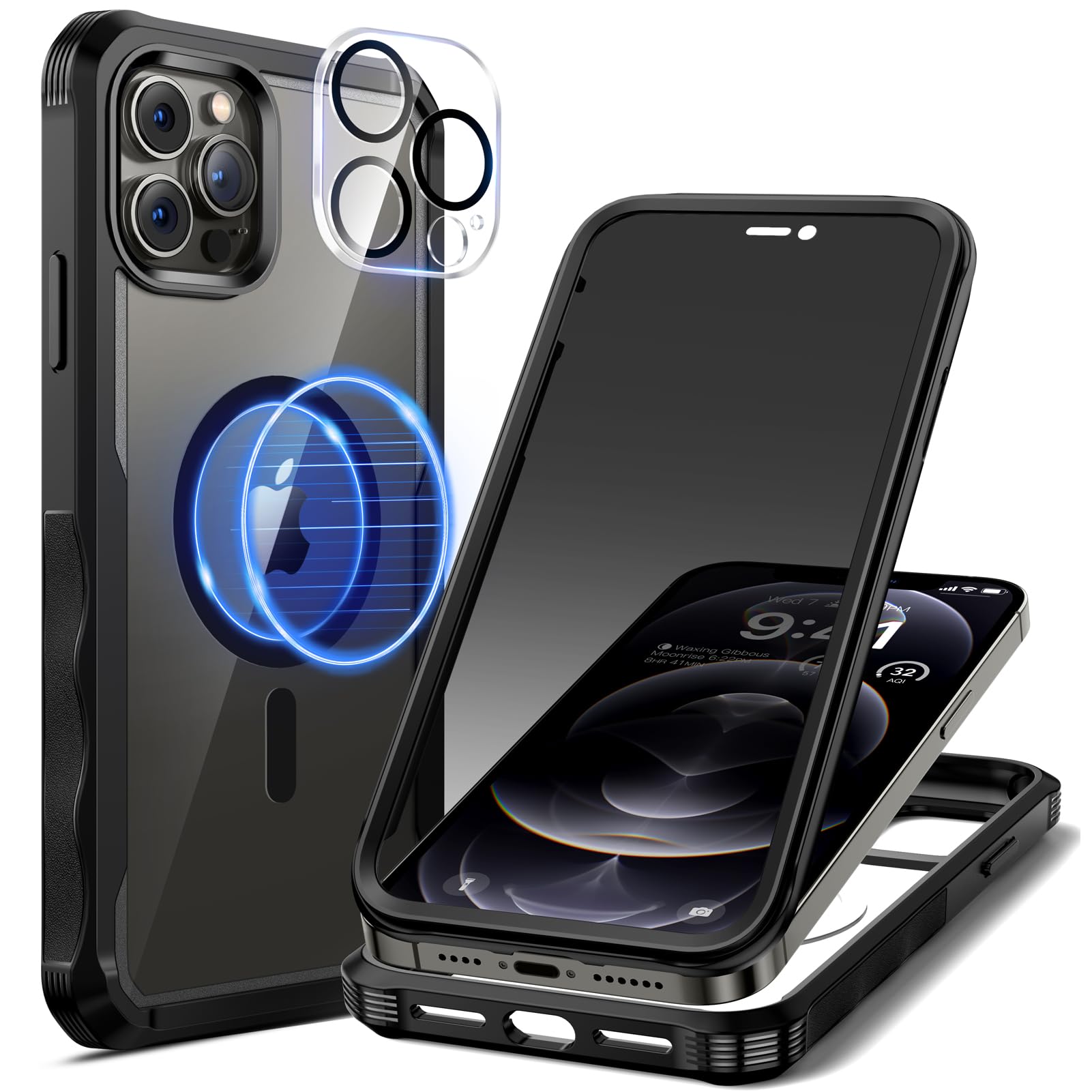 seacosmo Cover per iPhone 12 Pro Privacy Magnetica, Compatibile con Magsafe, Antispy Schermo Integrata in Vetro Temperato, Protezione Fotocamera, Custodia 360 Gradi Antishock Fronte Retro - Nero