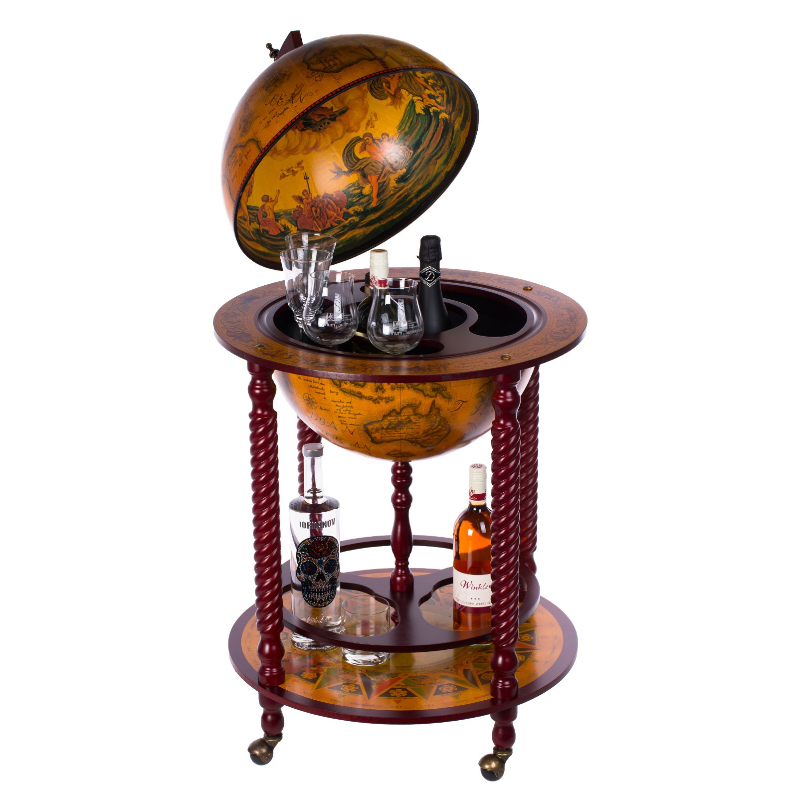 Géant Bar Ouvert Chariot 45043, avec bois d'eucalyptus piliers, massif dans Antique Rouge Marron, 120 cm de haut et 61 cm de largeur, Mobile par Chariot roues, ancienne maison de Globe Globe terrestre Bar, table de bar, bar, bar, Globe, bar à cocktails, b