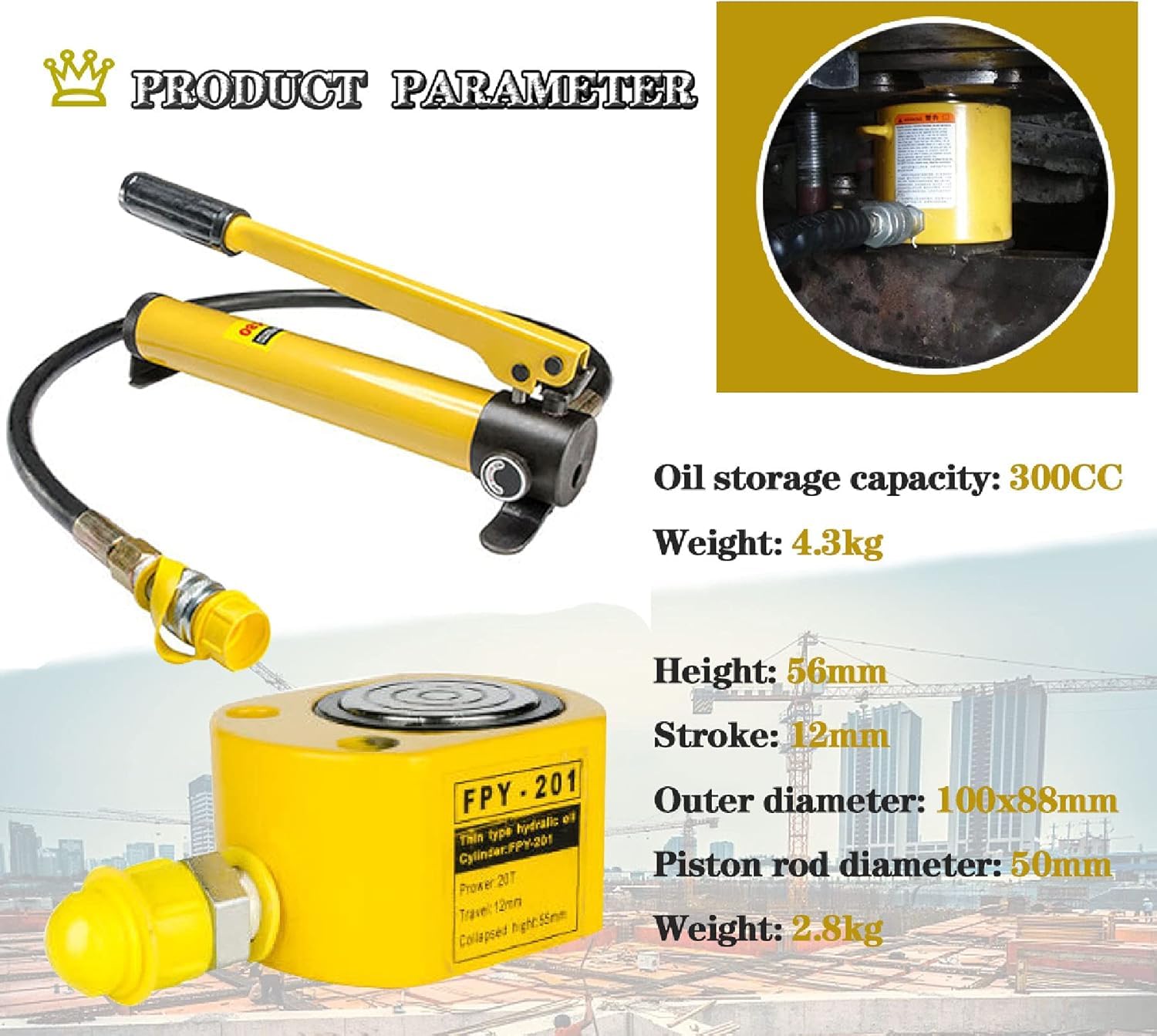 Cric Idraulico A Cilindro Cric Idraulico A Basso Profilo 5t/10t/20t, Cric Idraulico Manuale Multifunzionale per La Costruzione di Ponti, 20T12MM