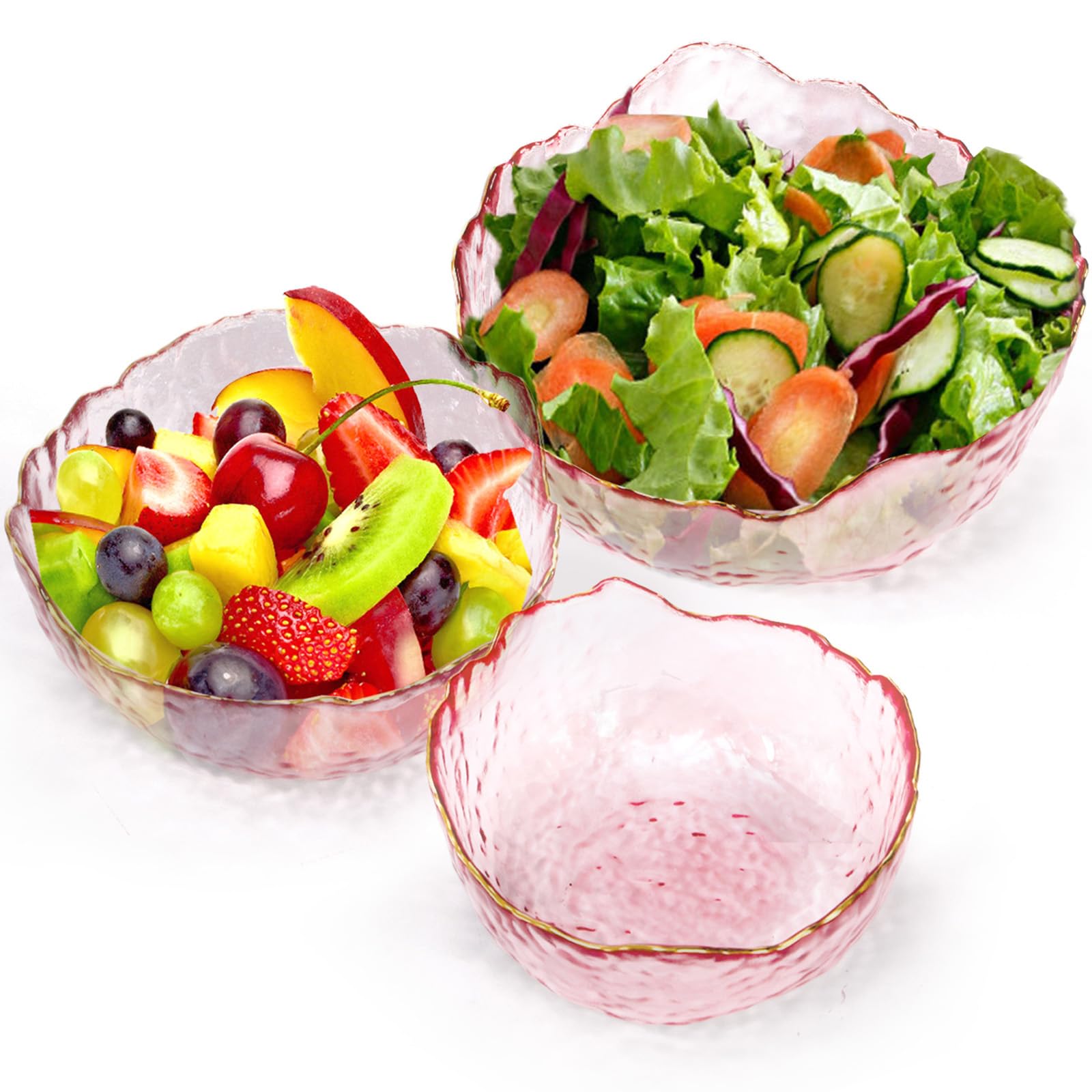 ZEAYEA Set of 3 Glass Salad Bowls, Pink Serving Bowls for Kitchen Prep, Decorative Large Candy Bowl, Irregular Shape Space Saving Nesting Set for Salad, Fruit, Snack, Dessert