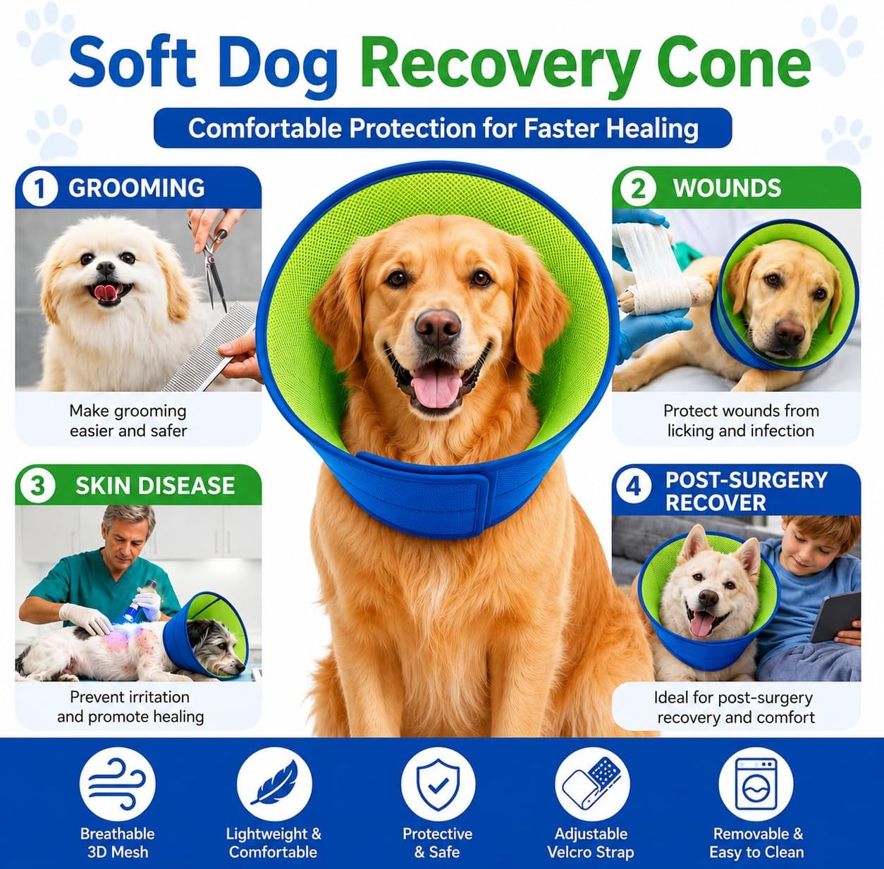Soft Dog Cone Collar, Dog Recovery E Collar After Surgery, Large | Adjustable Dog Cone for Surgery Recovery. Breathable Mesh, Lightweight, Machine Washable, Comfortable Protective Collar.