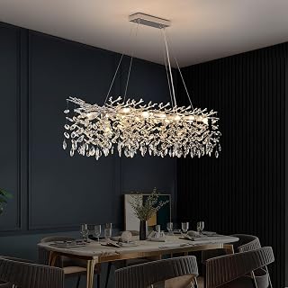 Modern Tree Branch Chandelier Luxury Crystal Pendant Light, Rectangle Chrome Art Deco Raindrop Linear Lighting Fixture for Dining Room Kitchen Island 14 Lights L47.3''