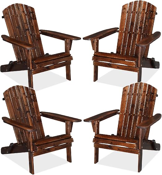 VINGLI Folding Adirondack Chair Set of 4, Wood Adirondack Chairs for Outdoor, Foldable Fire Pit Chairs for Patio, BBQ, Porch, Yard, Pool, Carbonized