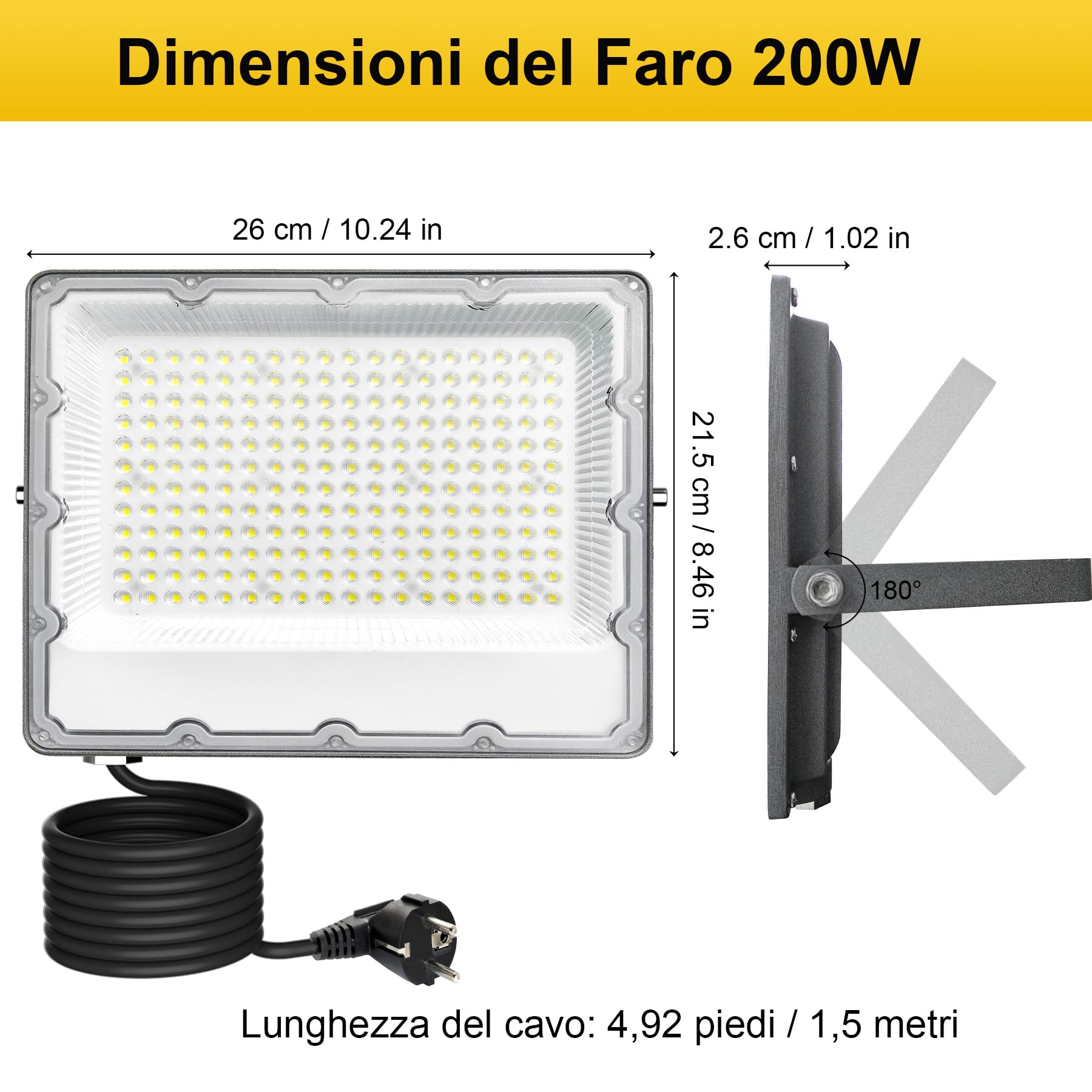 Faretto LED da Esterno 200W, IP66 Impermeabile Luce Bianca Fredda 6500K Faro LED Con Spina Schuko,20000 Lumen,220-240V AC 50Hz