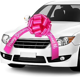 Happy Birthday Car Bow Sweet 16 Big Giant Gift Wrapping Pull Bows with 20 Feet Car Ribbon for Birthday Party Decorations (Rose Red, 20 Inch)