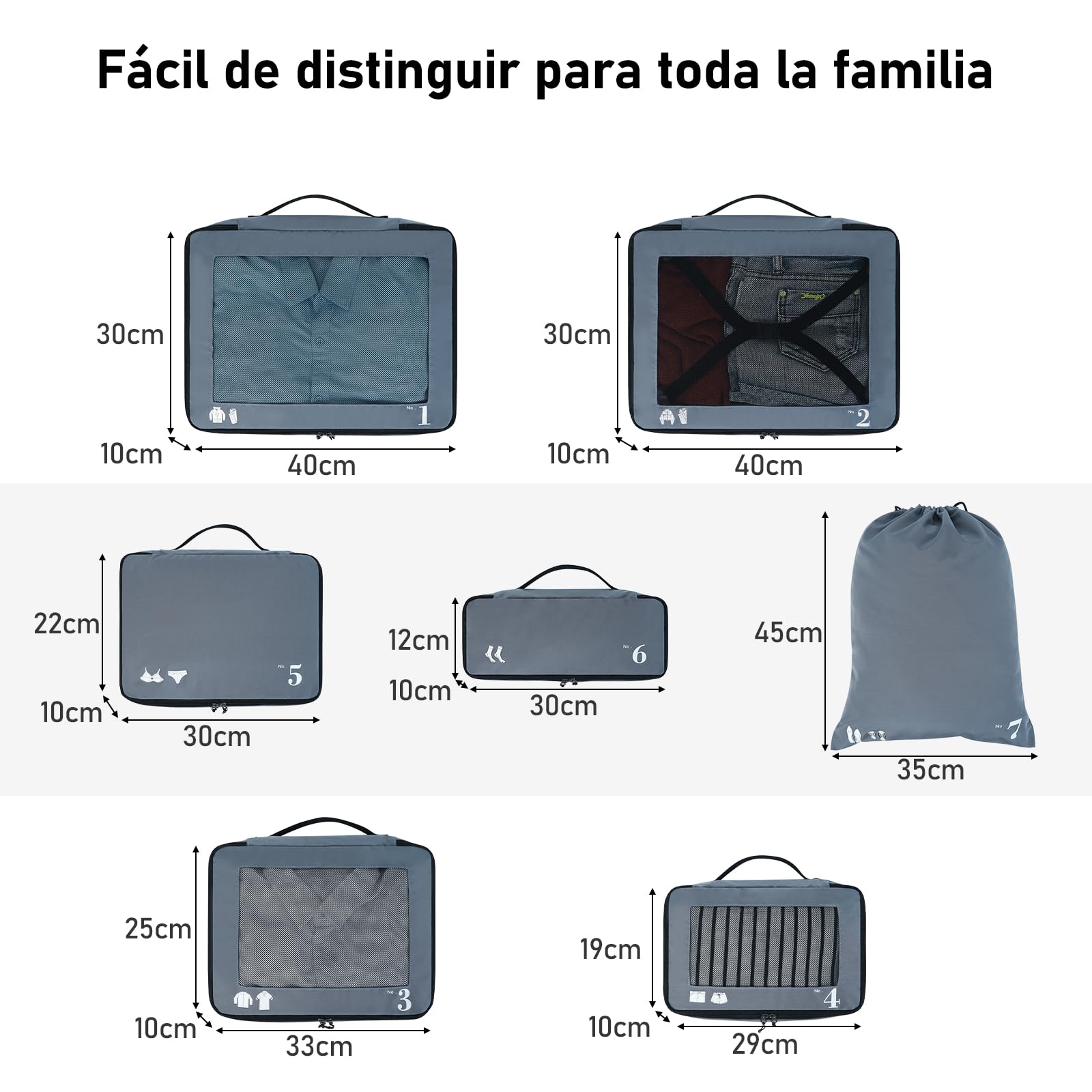 ECOHUB Organizador Maleta de 7 Piezas Packing Cubes de Resistente al Desgarro Organizador Mochila Ecológico Organizador de Viaje Organizador de Equipaje Cubos de Embalaje para Ropa, Zapatos (Gris)