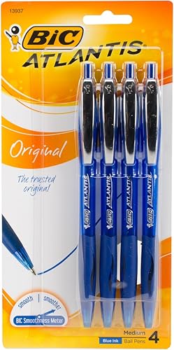 BIC Productos - BIC - Bolígrafo retráctil Atlantis, tinta azul, mediano, 4 por paquete, se vende como 1 paquete, escritura suave y sin arañazos. -