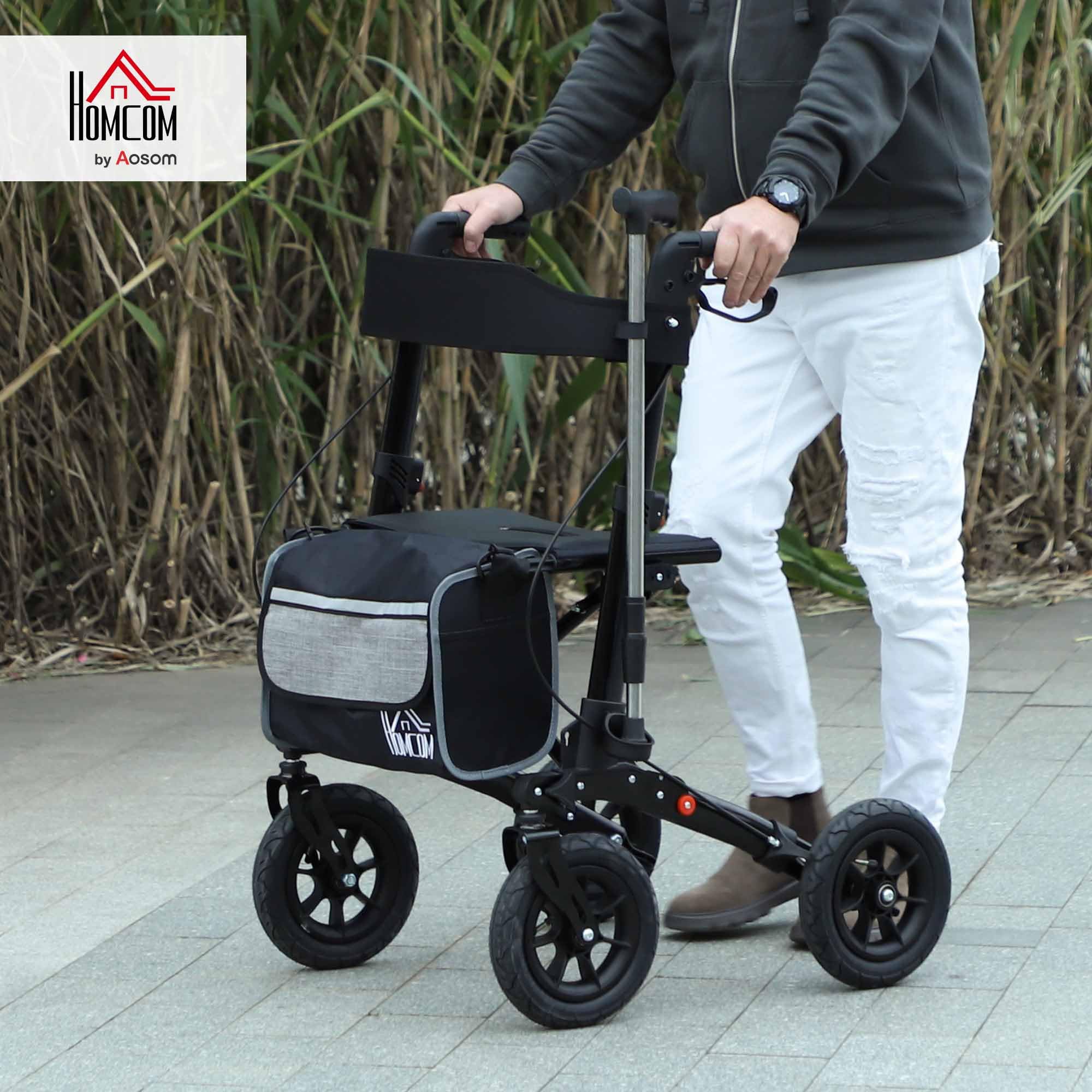 HOMCOM Déambulateur 4 roues pliable, rollator en aluminium léger, siège rembourré, dossier, poignée réglable, sac rangement, double frein, roues tout-terrain, déambulateur pour personnes âgées, noir
