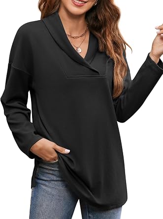 Womens Long Sleeve Tops Fall Shawl Neck Tunic Tops for Leggings Casual Blouse Sweatshirt