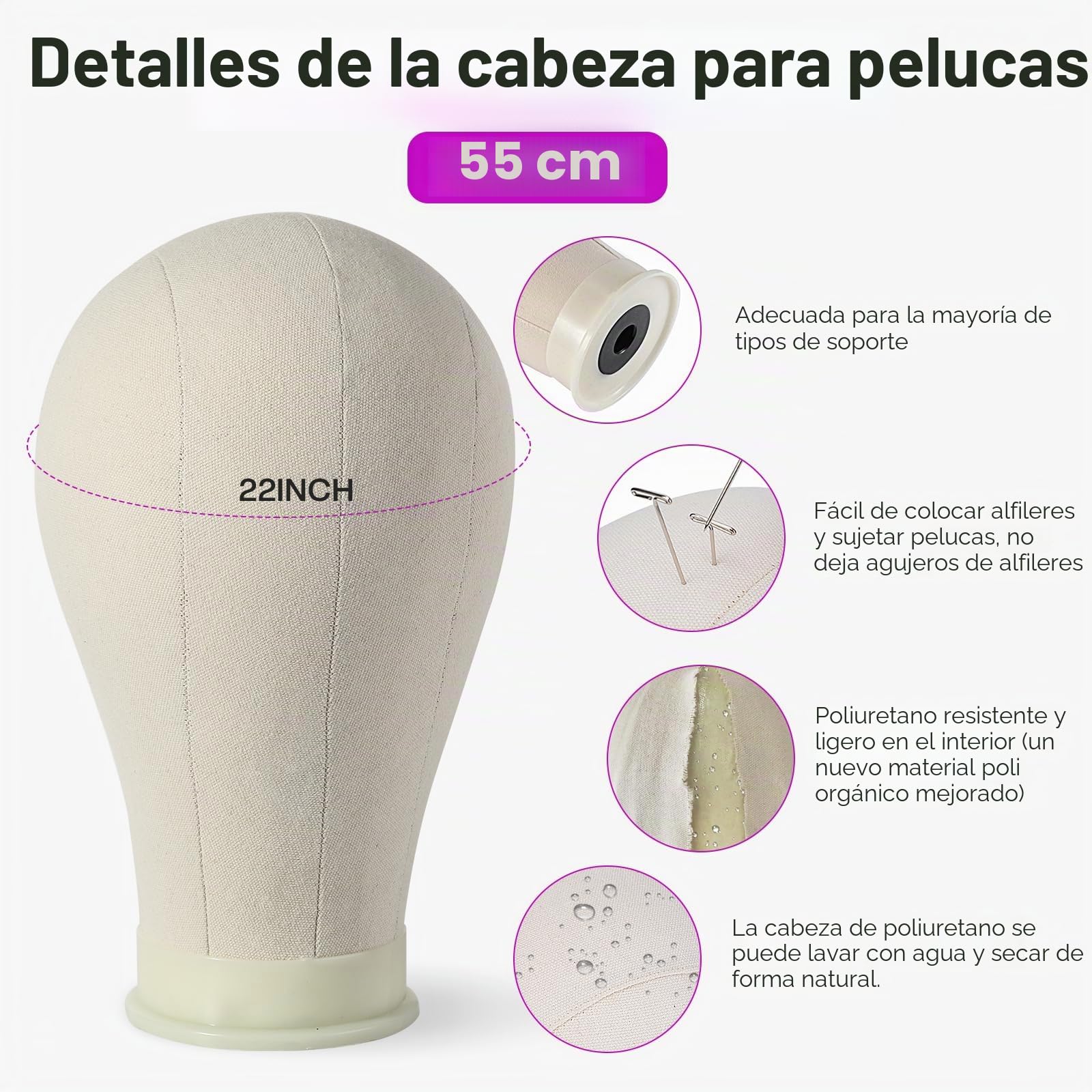 Neverland 56 cm Cabeza Maniquí de Lona para Pelucas con Trípode, Blanco | Cabeza de Lona para para hacer y peinar pelucas, Trípode ajustable incluido, Incluye alfileres y cepillo de pelo