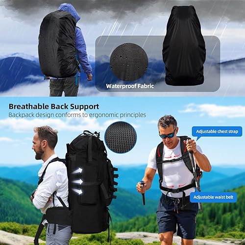 Miniatura 5 de Mochila de senderismo para acampar de 70 litros con cubierta de lluvia, mochila táctica militar grande, mochila impermeable Molle para viajes para