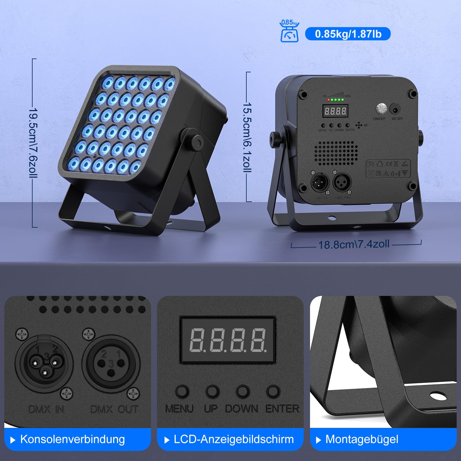 2PCS 54W Par LED Batteria RGBWA UV, 5200mAh Ricaricabile 36 LED Luci da Palco con Telecomando, Luci di Scena 4-6 Ore per Esterni Discoteca Matrimoni Bar Spettacolo Halloween Natale