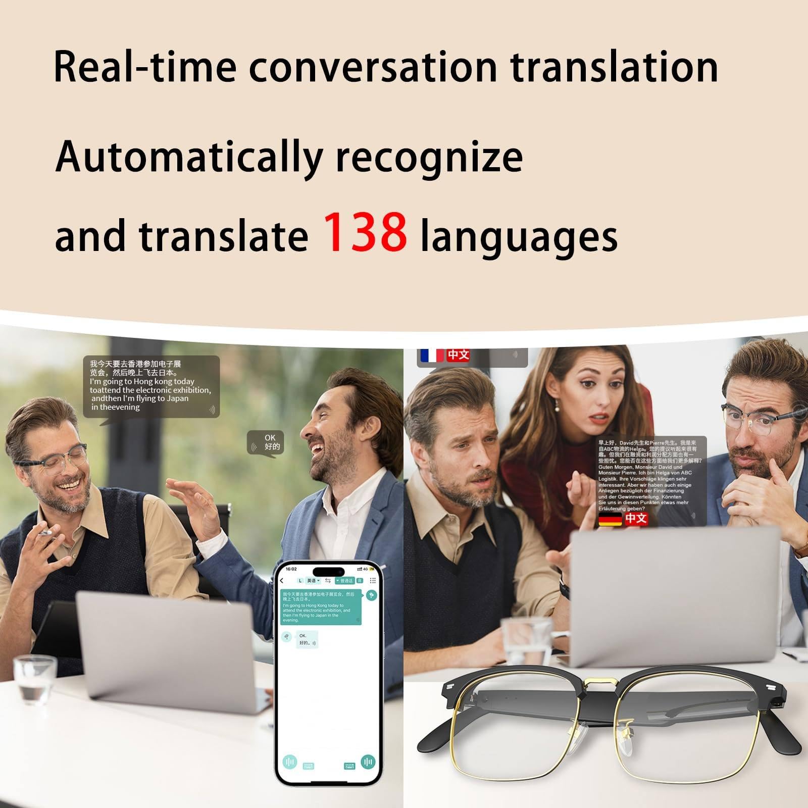 Lunettes intelligentes Bluetooth, 144 langues traduction AI, voix + appels téléphoniques + écoute de musique, anti-bleu (B, B)
