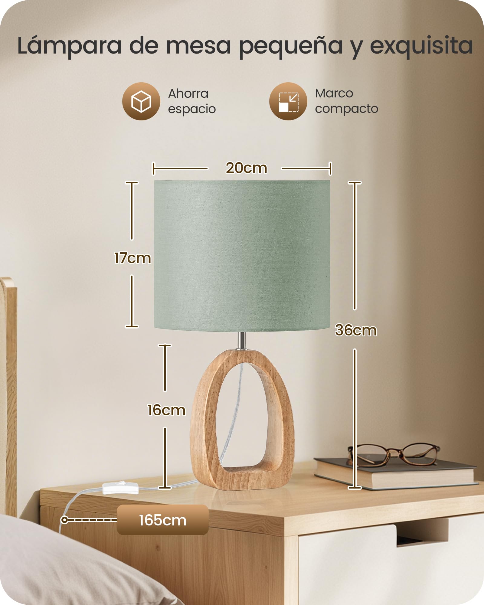 Lámpara de Mesita de Noche de Madera Verde Juego de 2 | Maciza con Base en Forma de Anillo, Pantalla de Lino, Incluye una Bombilla LED 2700K, para Sala de Estar, Dormitorio