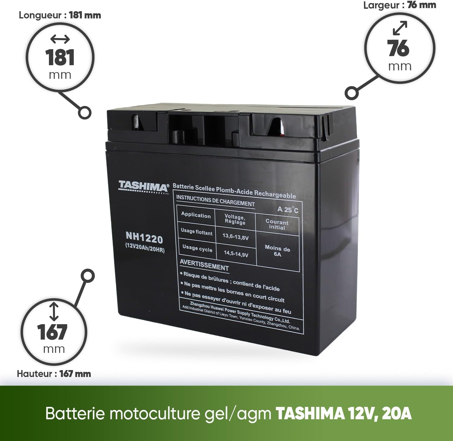 TASHIMA - Batterie 12V 20AH NH1220 Motoculture - Technologie Plomb Étanche Gel Sans Acide - Borne + À Droite - Pour Moteurs Thermiques Type Tracteur, Tondeuse À Gazon Autoportée & Motoculteur — vue 3