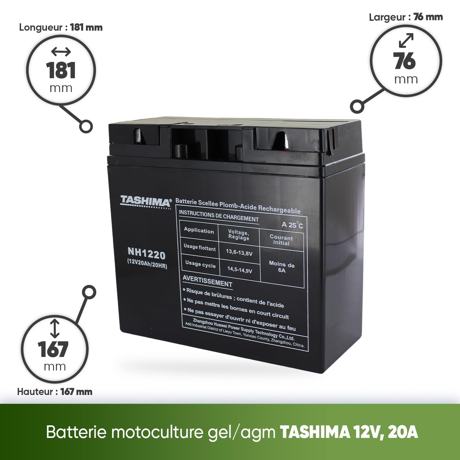 TASHIMA - Batterie 12V 20AH NH1220 Motoculture - Technologie Plomb Étanche Gel Sans Acide - Borne + À Droite - Pour Moteurs Thermiques Type Tracteur, Tondeuse À Gazon Autoportée & Motoculteur
