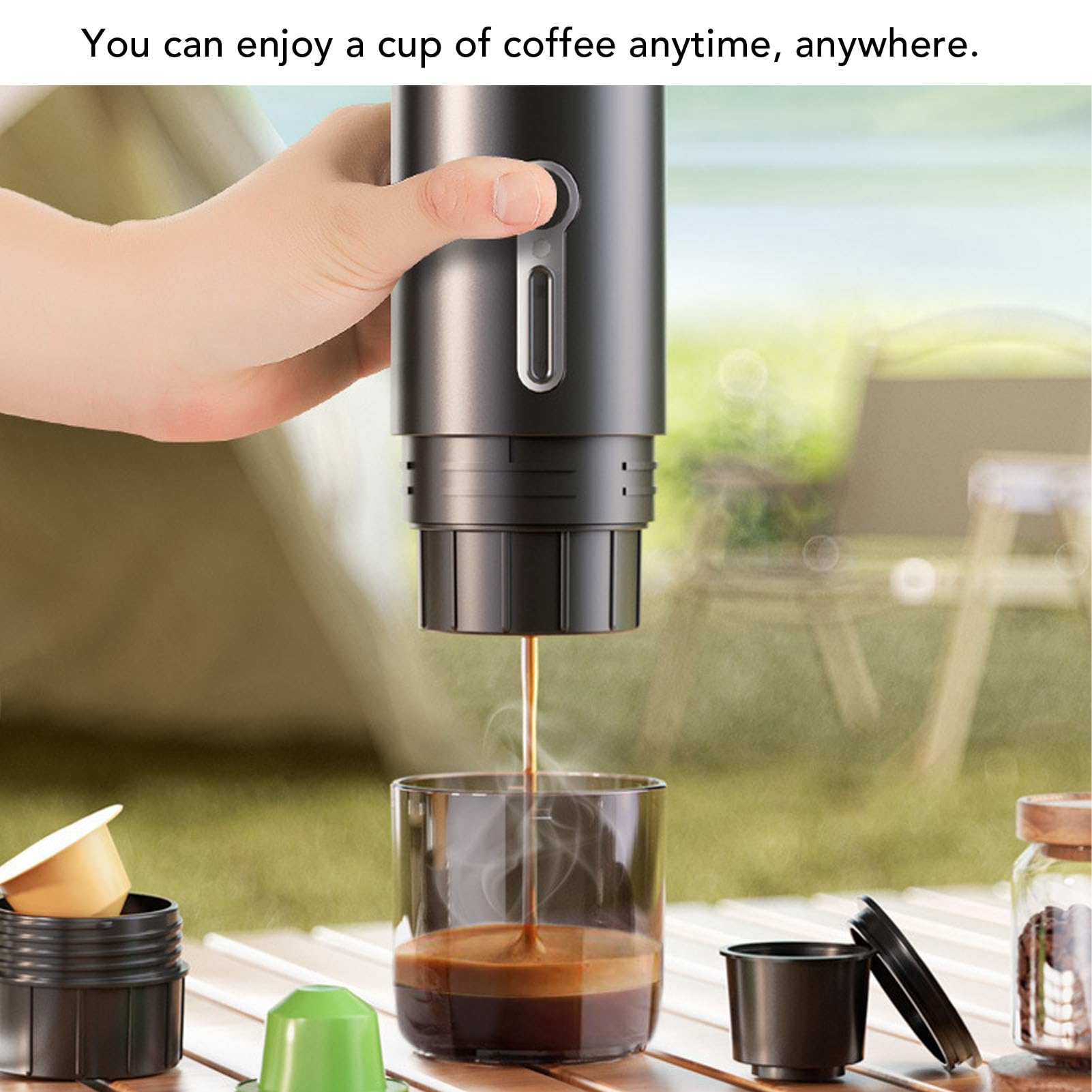 Aramox Caffettiera da Viaggio Macchina da caffè Elettrica Portatile ABS e SUS 15 Bar 100ml Riscaldamento Senza Fili per Auto Campeggio Escursionismo Ufficio con Capsula e caffè Macinato