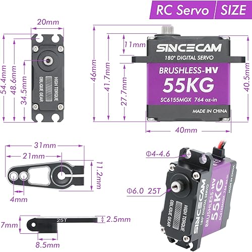 Miniatura 6 de Servo de alto par de 121.3 lbs de 8.4 V, servo sin escobillas, servo de dirección de 180 grados, engranaje oblicuo de metal, caja de aluminio,