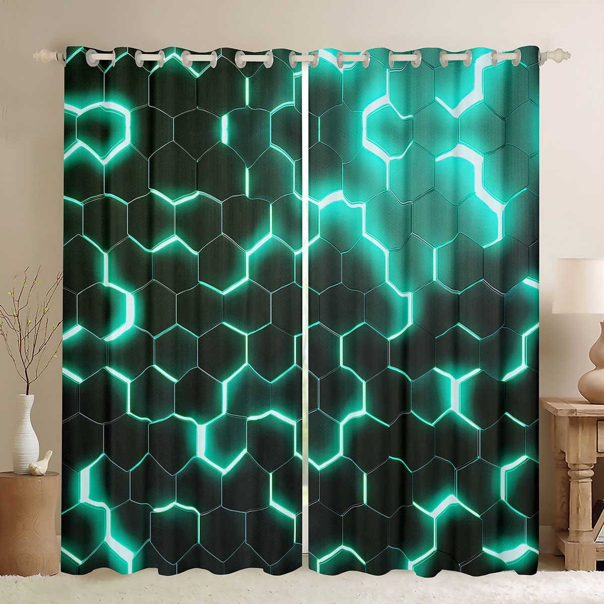 Homemissing Boys Multicolored 13220 3D Honeycomb Curtains For Bedroom Hexagon Window Treatment Glitter Window Drapes Light Green Window Draperies For Kids Girls Adults W46*L54