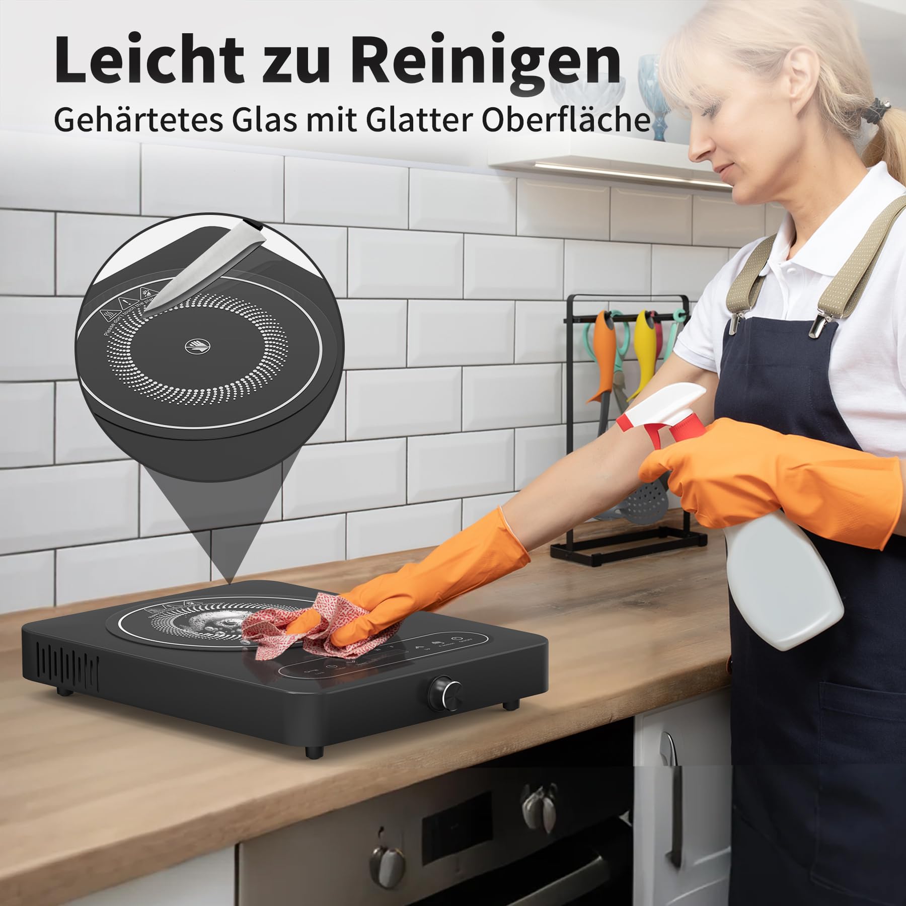 VBGK Glaskeramik Kochfeld 1 Platte, 220V, 2000W, Kochfeld mit LED-Touch-Bedienelementen und Drehreglern, 10 Leistungsstufen, 4-Stunden-Timer, Sicherheitsverriegelung Herdplatte mit Stecker