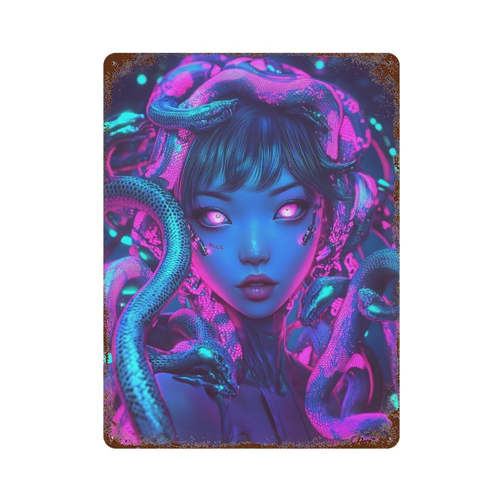 Neon Serpent Portrait 15.7"x11.8" Aged Metal Wall Plaque, Classic Wall Plaque for Pub, Kitchen And Man Cave Decor