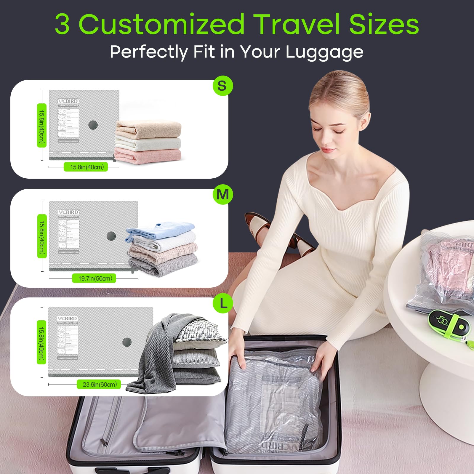 Vacbird Vakuumbeutel für Reisen mit USB-Pumpe, 12 Stück, Handgepäckgröße, Kompressionsverpackung für Gepäck und Koffer, platzsparende Taschen für Kleidung und Kleidung auf Reisen