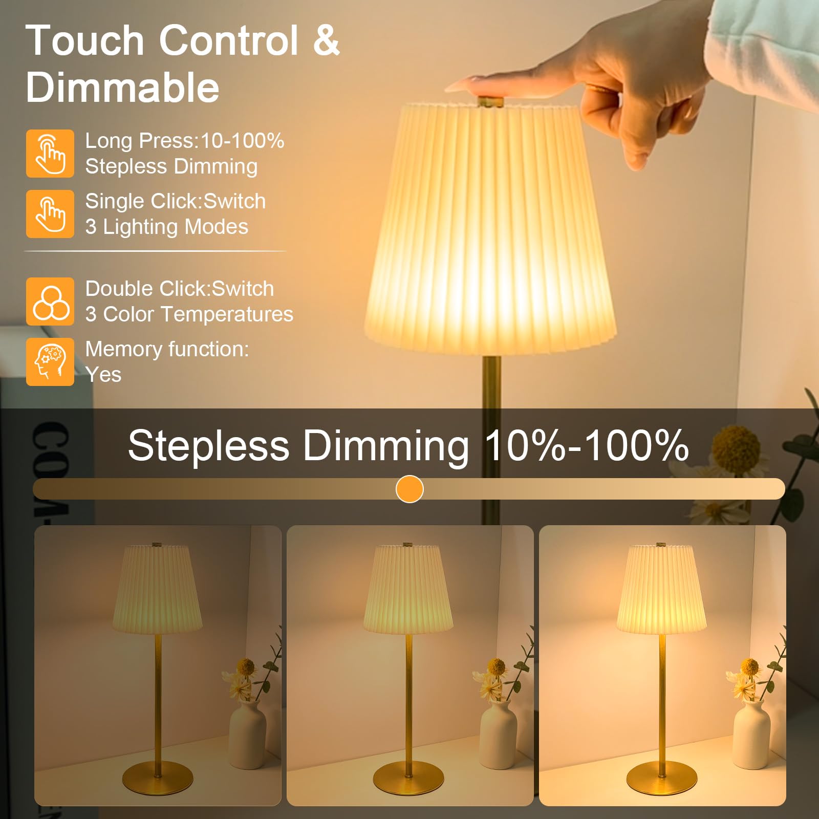 ZHENMING Lámpara de mesa inalámbrica, lámpara de mesa de tela de lino, recargable, 5200 mAh, funciona con pilas, con atenuación continua de 3 colores y 3 modos de iluminación, control táctil, lámparas