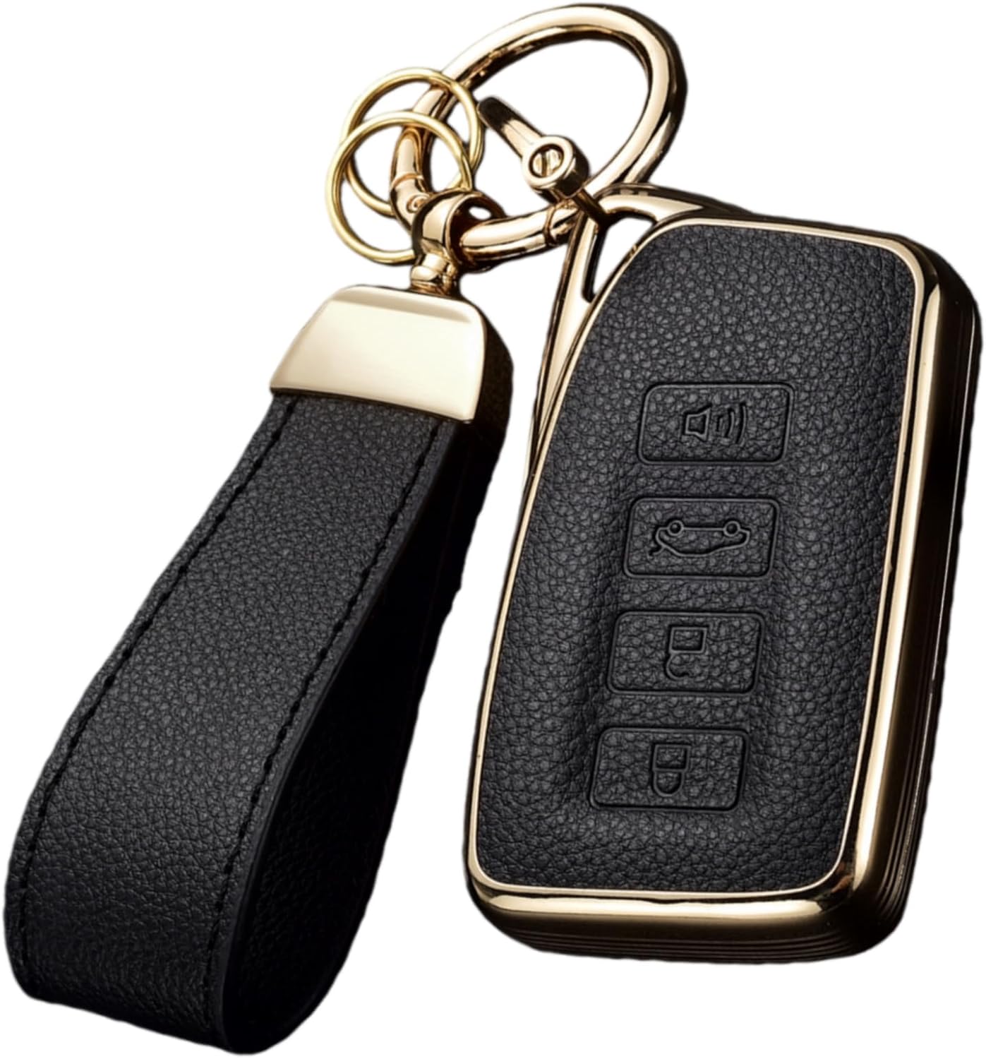 Key Fob Cover for Lexus with Key Chain, Upper Leather + Soft TPU Key Cover Case Shell for ES is GS NX RX RC GX LX 570 200 250 300 350 h F Sport, 4 Buttons (Black)