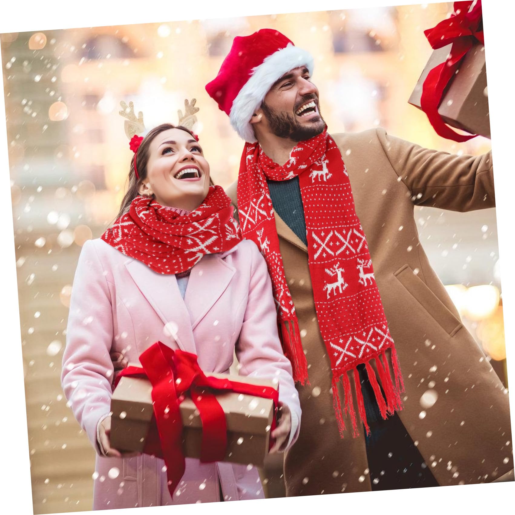 Sciarpa Natalizia in Lana Rossa Motivo Renna, Lavorata a Maglia Decorazioni a Fiocco di Neve, Calda e Adatta per L'inverno Freddo e Occasioni Formali