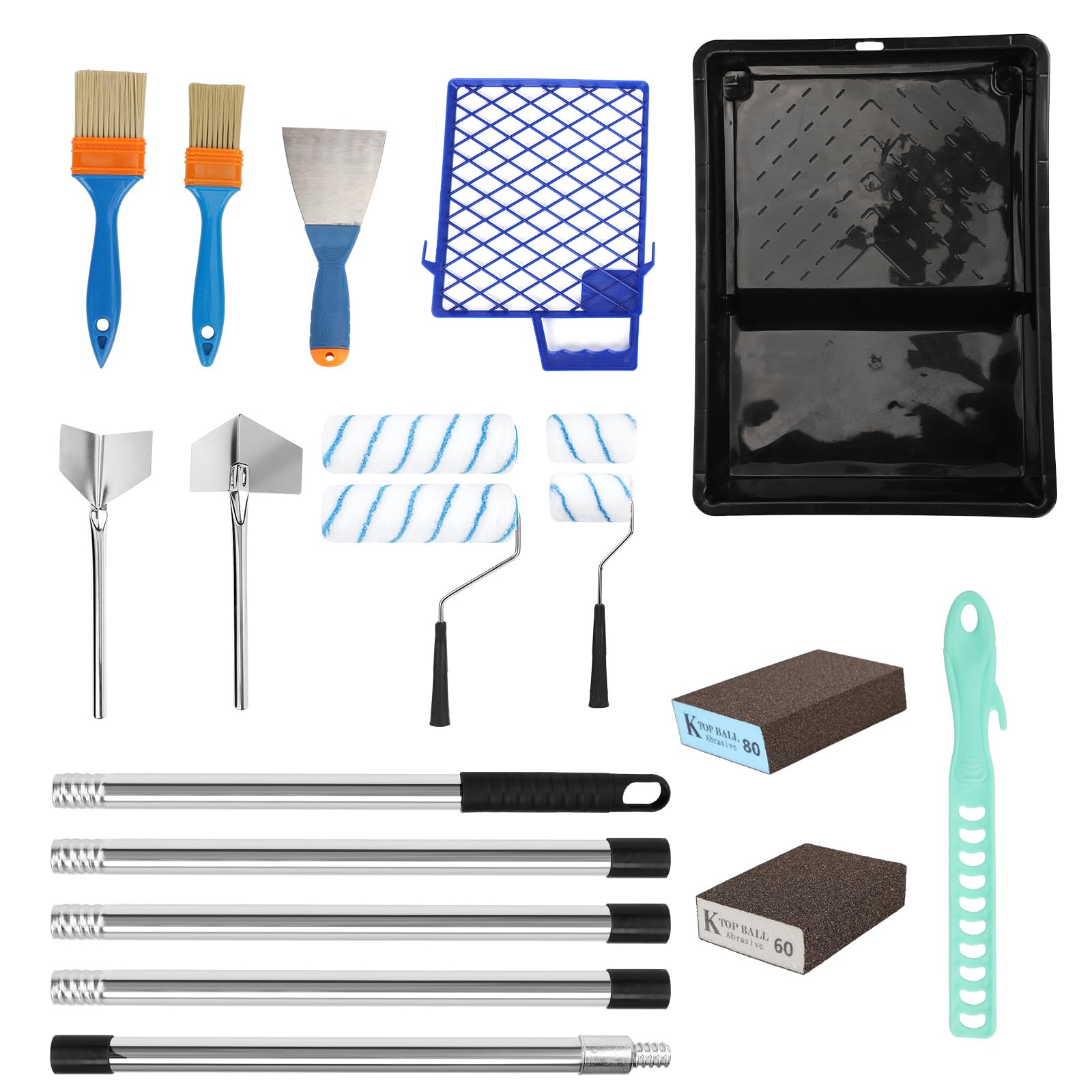 Qivine Farbroller Set mit Edelstahl Verlängerungsstange, Professional Malerset mit Farbwanne & Farbroller Klein, Malerset Streichen Wandfarbe zum Streichen von Wänden, Decken, Türen (Set A)