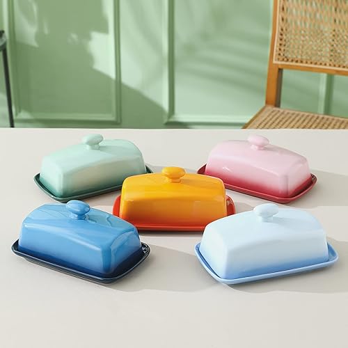 Miniatura 9 de Candiicap - Mantequillera grande de porcelana con tapa, plato de mantequilla clásico que cambia de color para encimera, soporte grande para