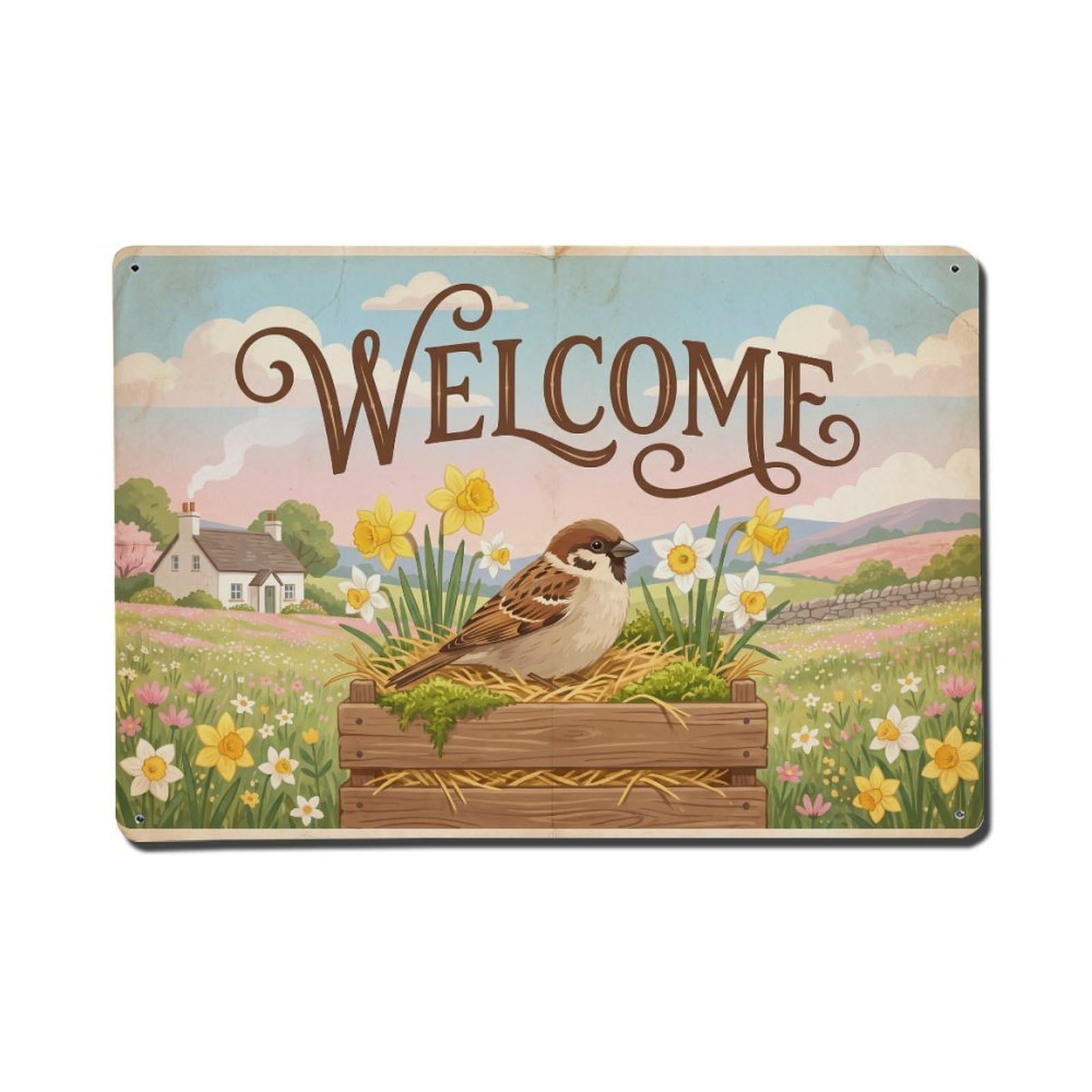 Vintage Welcome Sparrow Country Living Metal Tin Sign