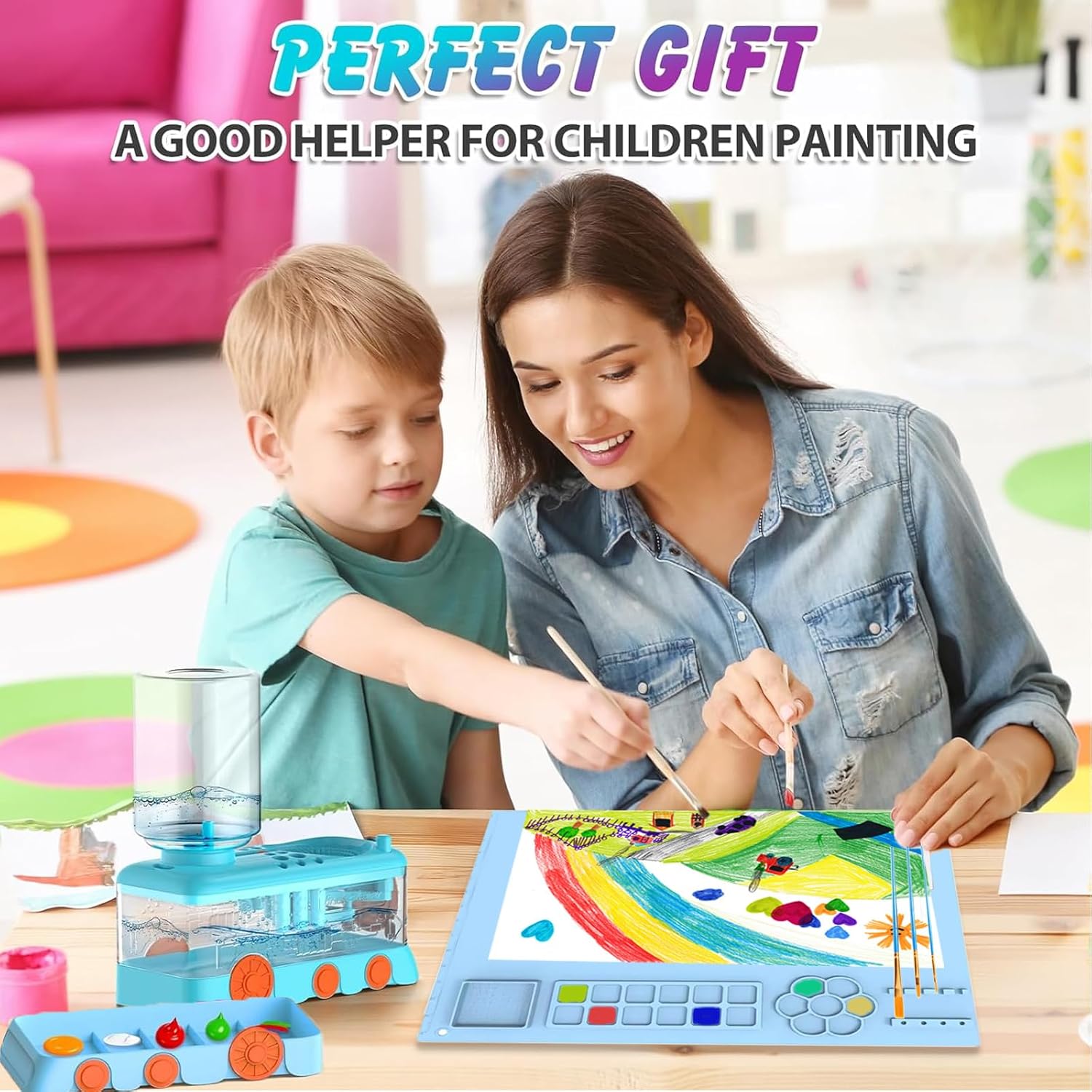 Paint Brush Cleaning Kit for Kids with 5 Brushes, Art Smock, Washable Mat, Guidebook, Spiral Brush Cleaner Jar for Watercolor(Blue)