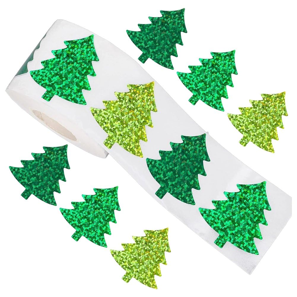 Muteitt 500 Pcs Glitter Christmas Tree Stickers Self-Adhesive Xmas Stickers Holiday Decorative Envelopes Seals Label Decals for Invitation Greeting Card Gifts