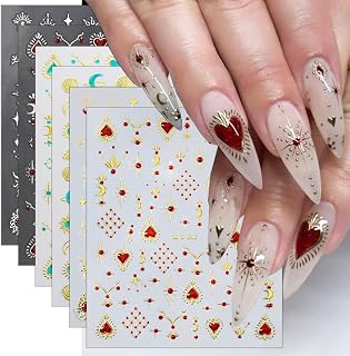 6 Sheets Star Nail Stickers for Nail Art 3D Self-Adhesive Moon Nail Art Stickers Gold Red Stars Sun Heart Nail Decals Nails Supplies for Women DIY Nail Decoration