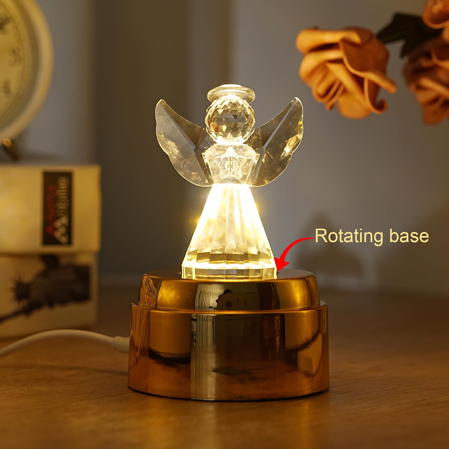 ZHSHWAT 3 Inch Rotating Crystal Guardian Angel Figurine with Warm LED Light & USB Gold Base, K9 Crystal Angel Statue Paperweight, Christmas Home Decor Collectible Gift for Women Mom Birthday Mothers Day Valentines Day image 2