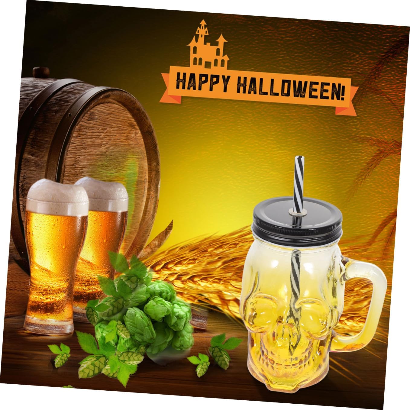 LIFKOME Halloween Skull Glasses 2pcs 500ml Gradient Color Glass Beer Mugs with Handle Party Glassware for Halloween Decoration and Cocktail Drinks Random Color