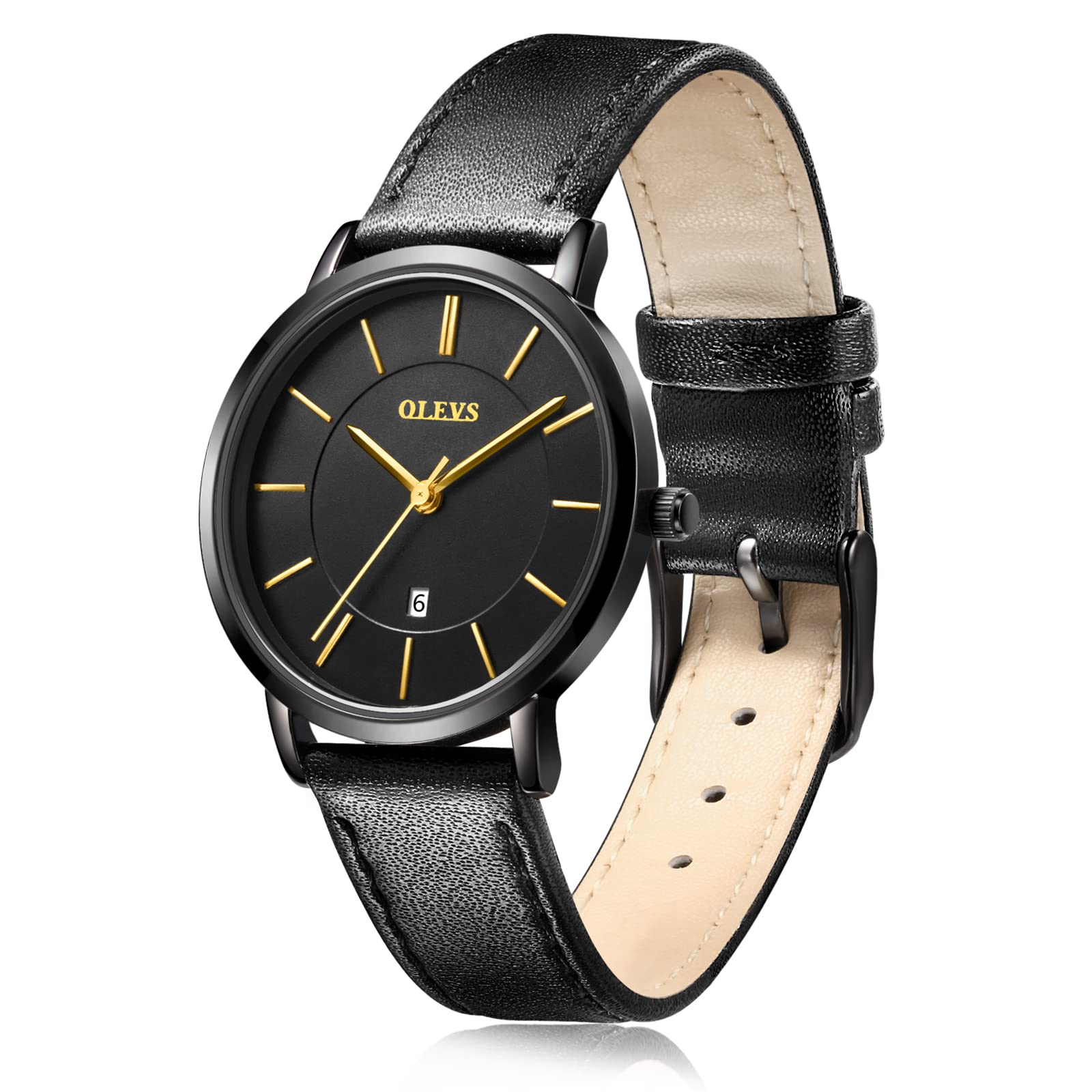 OLEVS Watches for Women Waterproof Wristwatches Analog Quartz Ultra Thin Black Watches Leather Strap Watches with Date Calendar Watches,Gifts for Women