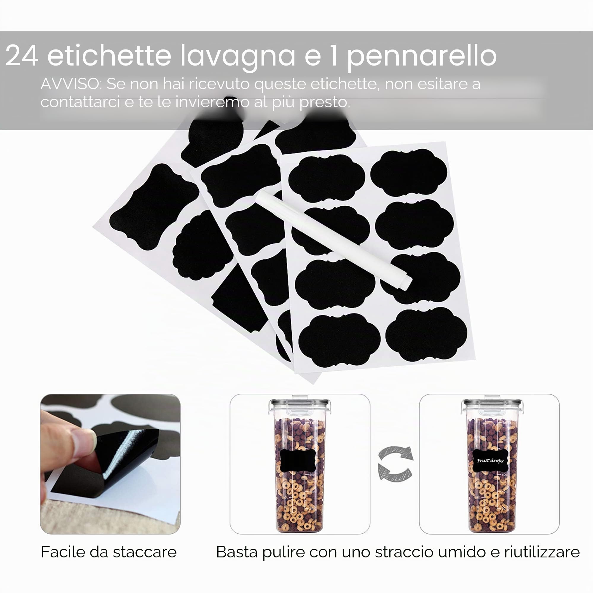 Vtopmart 2.5L Contenitori Alimentari per Cereali,Pasta, Senza BPA Contenitori Plastica con Coperchio,Set di 6 + 24 Etichette(Nero)
