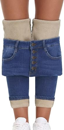 Womens Fleece Lined Jeans Skinny High Waisted Winter Thick Fleece Warm Stretch Lining Women Jeans Pants