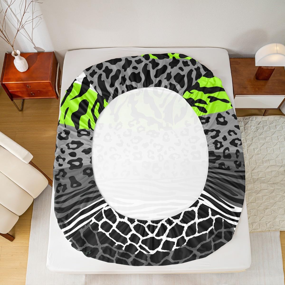 Giraffe Skin Tiger Fur Fitted Sheet Twin Size,Leopard Zebra Cow Skin Patchwork Bedding Set,Girls Women Room Decor,Animals Fur Geometric Bed Cover,Green Fashion Bed Sheet,1 Pillowcase