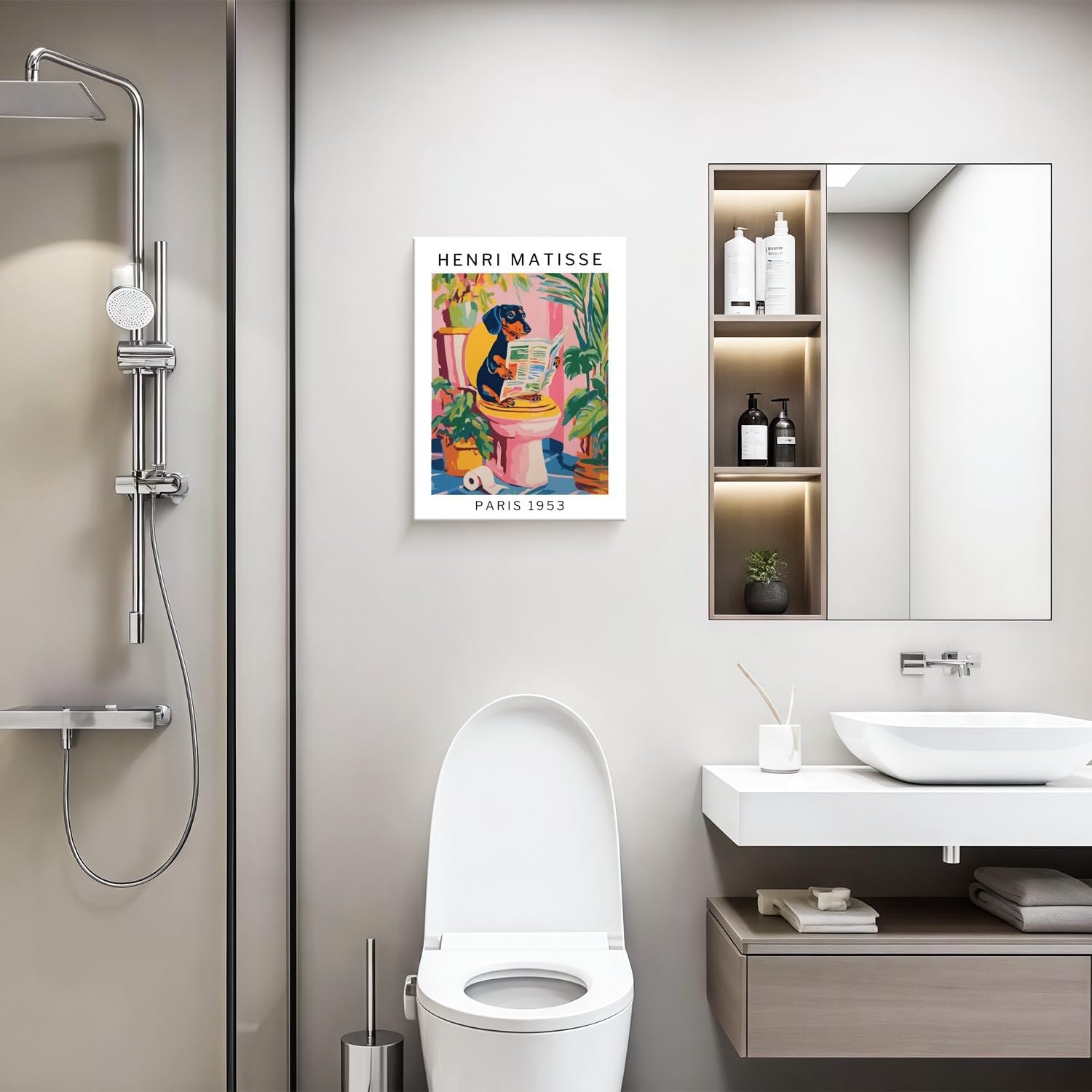 Framed Funny Dog Bathroom Canvas Wall Art Henri Matisse Cute Animal Poster Humorous Dog on Toilet Picture Colorful Dopamine Vintage Pet Decor for Bathroom Bedroom 16x24 inch Ready to Hang