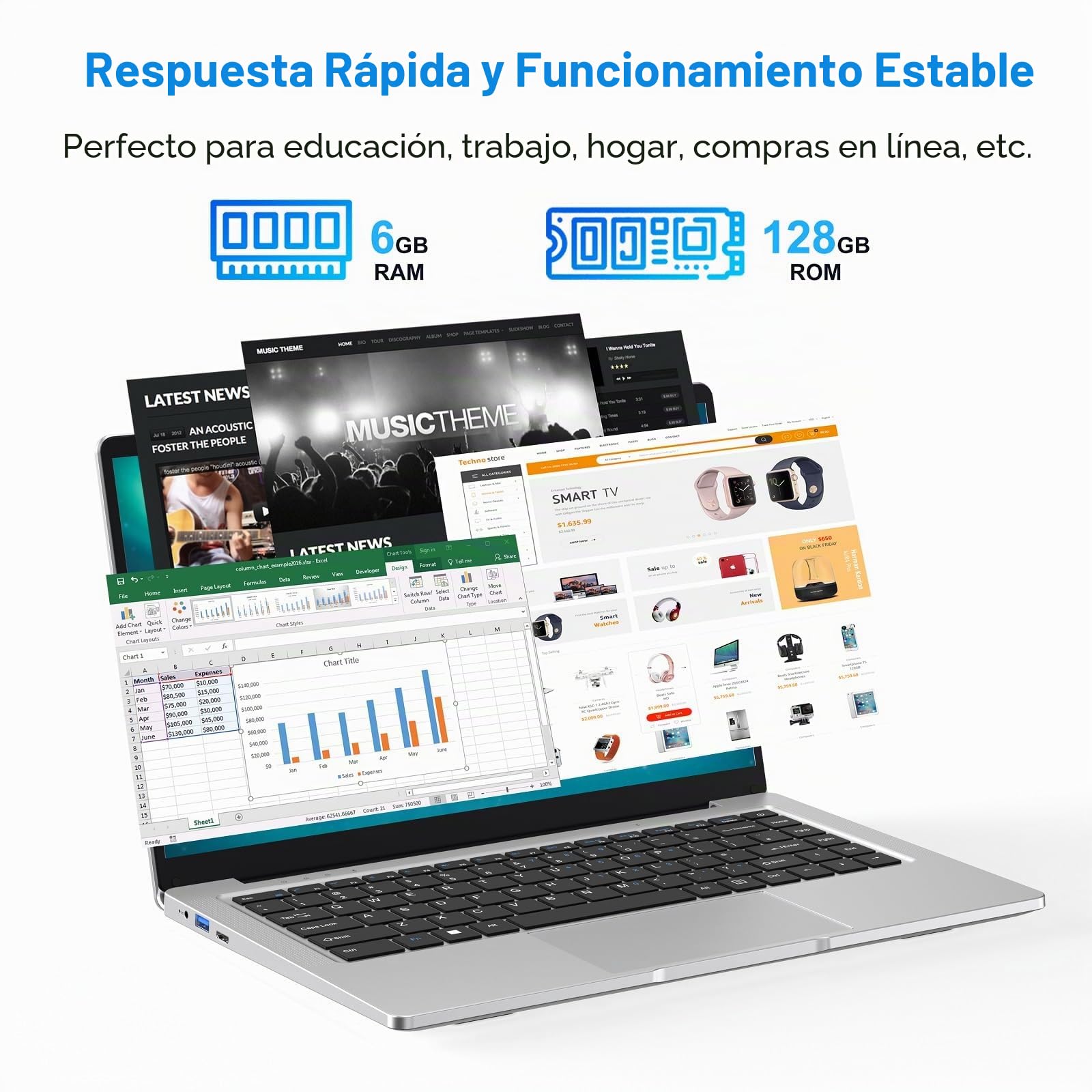 PINSTONE Laptop Celeron N4000 - Ordenador Portátil de 14 Pulgadas, 6 GB RAM 128 GB SSD, PC Portátil Compatible con 2,4 G/5 G WiFi, Bluetooth, Computer Portátil de Larga Duración de la Batería.