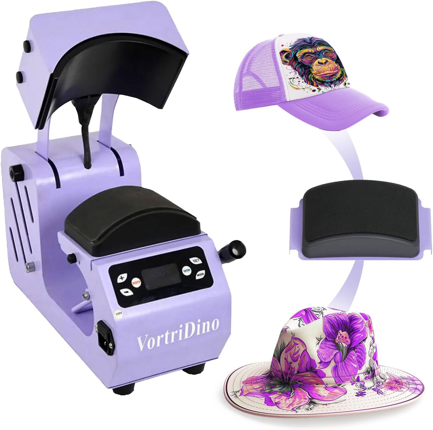 VortriDino 2-in-1 Hat Heat Press Machine Automatic Hat Easy Heat Press Machine for Caps with 2pcs Interchangeable Platens (Kids&Adult)