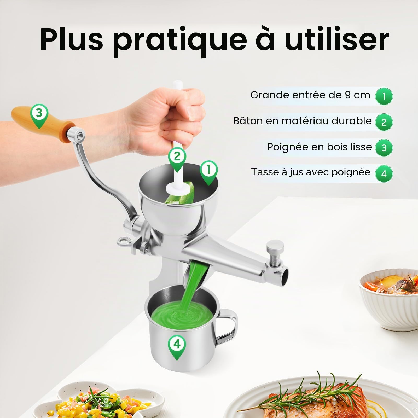 Extracteur de jus, manuel, en acier inoxydable, 32 cm, professionnel, pour fruits, légumes, herbe de blé et légumes à feuilles, avec borne à vis, en acier inoxydable argenté