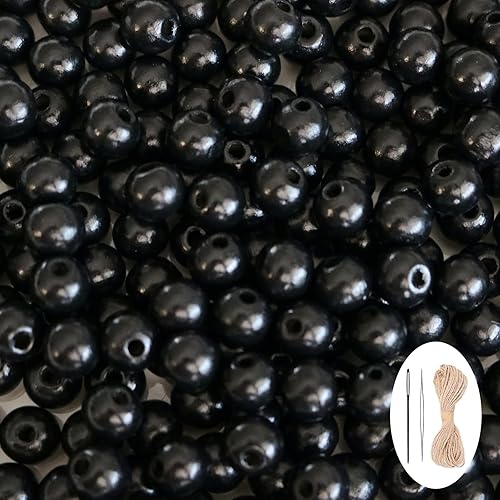 400 cuentas de madera negras con agujero, cuentas redondas sueltas de madera natural espaciadoras con cuerda de cáñamo de 33 pies, 2 cuentas de