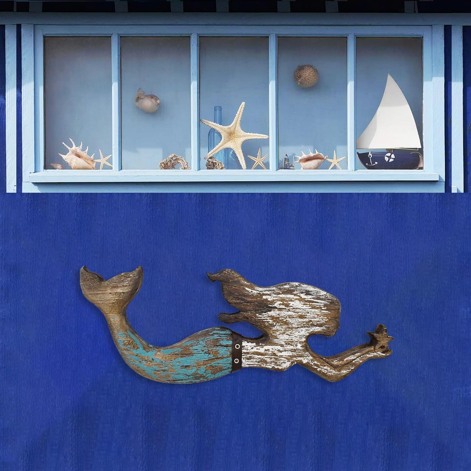 Aecipl Nautical Decor Wood Hanging Mermaid Wall Art Coastal Decorations Distressed Mermaid Sculpture Indoor Outdoor Ocean Beach Themed Decor for Bathroom Patio Swimming Pool (Blue, 17 x 6.5)
