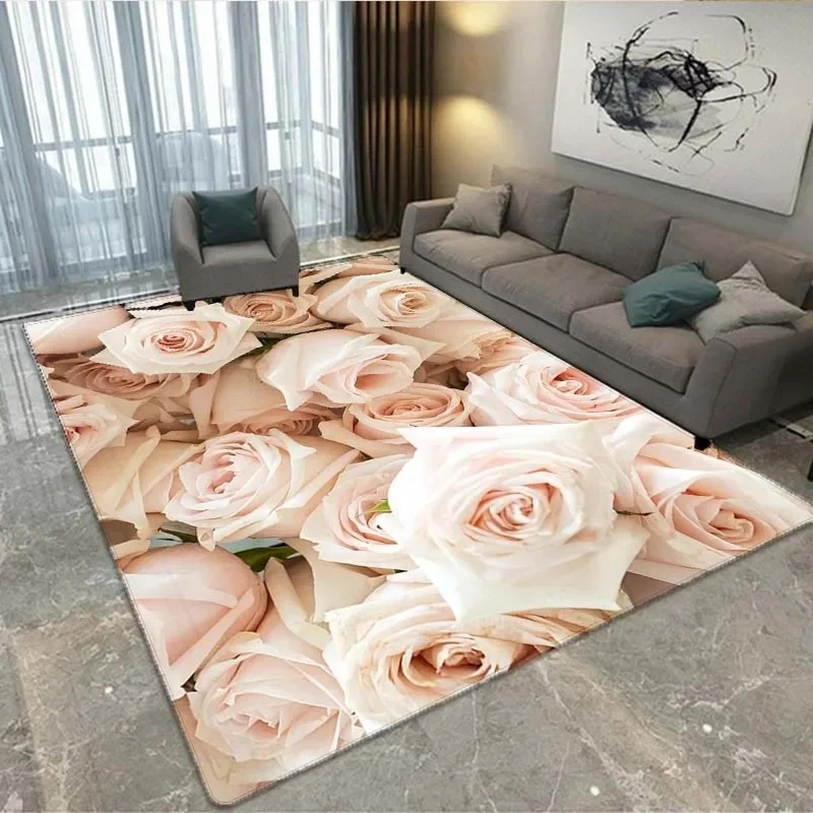 Alfombra de dormitorio que evita resbalones con diseño de flores rosas 160x200